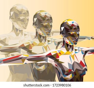 Hombre poligonal de triángulos multicolor. Desarrollo de la personalidad, personas de cristal