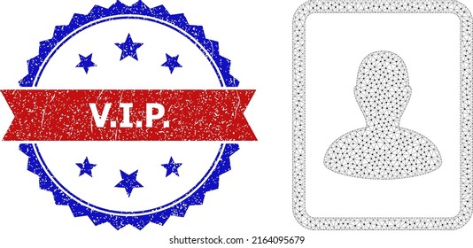 Polygonal man photo wireframe icon, and bicolor scratched V.I.P. watermark. Polygonal wireframe illustration based on man photo icon. Vector imprint with V.I.P.