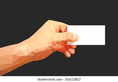 polygonal man's hand giving a business card on a black background