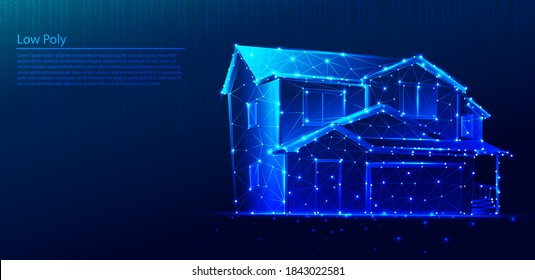 Polygonal mansion or house on dark blue tech background, triangles and particle style design. 