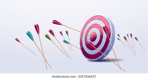 Polygonal Many arrows missed hitting target mark. Purposefulness and perseverance concept. Shot miss. 
Multiple failed inaccurate attempts to hit archery target and one arrow straight to the point. 