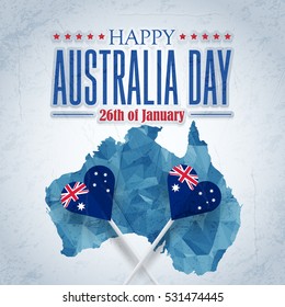 Polygonal Map, 26 January Happy Australia Day. Retro Grunge Background and Flag Illustration and Vector Elements National Concept Greeting Card, Poster or Web Banner Design
