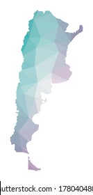 Polygonal map of Argentina. Geometric illustration of the country in emerald amethyst colors. Argentina map in low poly style. Technology, internet, network concept. Vector illustration.
