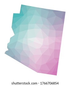 Polygonal map of Arizona. Geometric illustration of the US state in emerald and amethyst colors. Arizona map in low poly style. Technology, internet, network concept. Vector illustration.