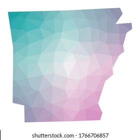 Polygonal map of Arkansas. Geometric illustration of the us state in emerald amethyst colors. Arkansas map in low poly style. Technology, internet, network concept. Vector illustration.