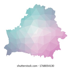 Polygonal map of Belarus. Geometric illustration of the country in emerald amethyst colors. Belarus map in low poly style. Technology, internet, network concept. Vector illustration.