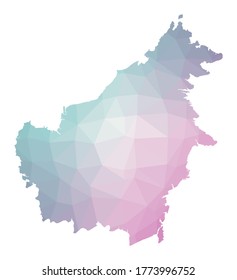 Mapa poligonal de Borneo. Ilustración geométrica de la isla con colores de amatista esmeralda. Mapa de Borneo de bajo estilo polaco. Tecnología, Internet, concepto de red. Ilustración vectorial.