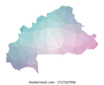 Polygonal map of Burkina Faso. Geometric illustration of the country in emerald and amethyst colors. Burkina Faso map in low poly style. Technology, internet, network concept. Vector illustration.