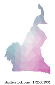 Polygonal map of Cameroon. Geometric illustration of the country in emerald amethyst colors. Cameroon map in low poly style. Technology, internet, network concept. Vector illustration.
