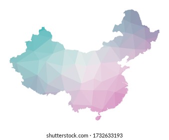 Polygonal map of China. Geometric illustration of the country in emerald amethyst colors. China map in low poly style. Technology, internet, network concept. Vector illustration.