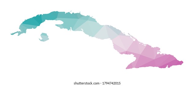 Polygonal map of Cuba. Geometric illustration of the country in emerald and amethyst colors. Cuba map in low poly style. Vector illustration.