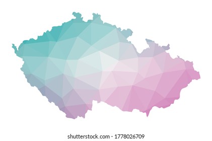 Mapa poligonal de la República Checa. Ilustración geométrica del país en colores de amatista esmeralda. Mapa de la República Checa de bajo estilo polaco. Tecnología, Internet, concepto de red. Ilustración vectorial.