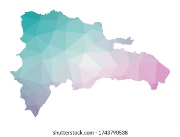 Polygonal map of Dominicana. Geometric illustration of the country in emerald amethyst colors. Dominicana map in low poly style. Technology, internet, network concept. Vector illustration.