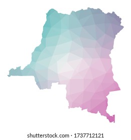 Polygonal map of DR Congo. Geometric illustration of the country in emerald amethyst colors. DR Congo map in low poly style. Technology, internet, network concept. Vector illustration.