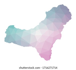 Polygonal Karte von El Hierro. Geometrische Abbildung der Insel in smaragdamethystischen Farben. El Hierro Karte im Low-Poly-Stil. Technologie, Internet, Netzkonzept. Vektorillustration.