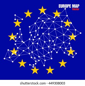 Polygonal map of Europe with dots and lines on background EU flag, network connections, vector illustration