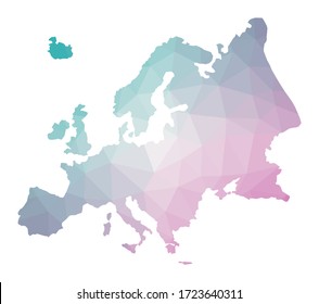 Polygonal map of Europe. Geometric illustration of the continent in emerald and amethyst colors. Europe map in low poly style. Technology, internet, network concept. Vector illustration.