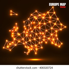 Polygonal map of Europe with glowing dots and lines, network connections, vector illustration