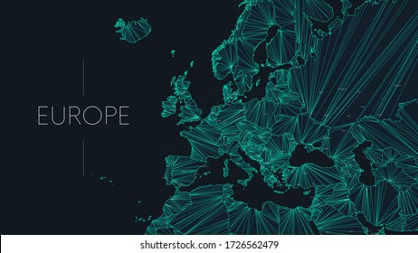 Polygonal map of the European continent with nodes linked by lines, vector global network concept poster, abstract illustration