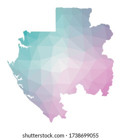 Polygonal map of Gabon. Geometric illustration of the country in emerald amethyst colors. Gabon map in low poly style. Technology, internet, network concept. Vector illustration.