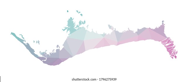 Polygonal map of Grand Bahama. Geometric illustration of the island in emerald amethyst colors. Grand Bahama map in low poly style. Technology, internet, network concept. Vector illustration.