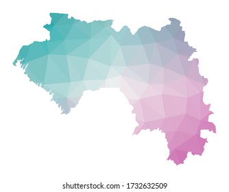 Polygonal map of Guinea. Geometric illustration of the country in emerald amethyst colors. Guinea map in low poly style. Technology, internet, network concept. Vector illustration.