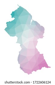 Polygonal map of Guyana. Geometric illustration of the country in emerald and amethyst colors. Guyana map in low poly style. Technology, internet, network concept. Vector illustration.