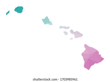 Polygonal map of Hawaii. Geometric illustration of the island in emerald amethyst colors. Hawaii map in low poly style. Technology, internet, network concept. Vector illustration.