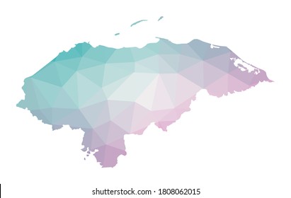 Polygonal map of Honduras. Geometric illustration of the country in emerald amethyst colors. Honduras map in low poly style. Technology, internet, network concept. Vector illustration.