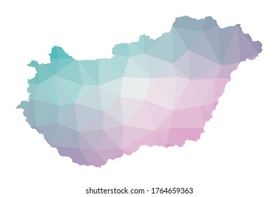Polygonal map of Hungary. Geometric illustration of the country in emerald and amethyst colors. Hungary map in low poly style. Vector illustration.
