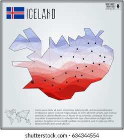 Polygonal map of Iceland with gradient inside and map of the world. Vector illustration.