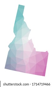 Polygonal map of Idaho. Geometric illustration of the US state in emerald and amethyst colors. Idaho map in low poly style. Technology, internet, network concept. Vector illustration.