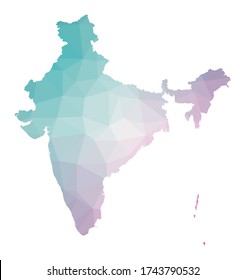 Polygonal map of India. Geometric illustration of the country in emerald and amethyst colors. India map in low poly style. Vector illustration.