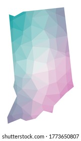 Polygonal map of Indiana. Geometric illustration of the US state in emerald and amethyst colors. Indiana map in low poly style. Technology, internet, network concept. Vector illustration.