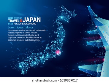Polygonal map of Japan. Floating blue plexus geometric background. Creative abstract vector illustration. High tech, communications and travel. Effect of motion luminous particles and points. 