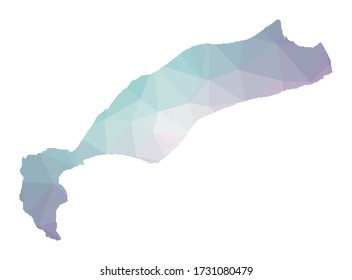 Polygonale Karte von Kos. Geometrische Abbildung der Insel in smaragdgrünen Amethystfarben. Kos Karte im niedrigen Poly-Stil. Technologie, Internet, Netzwerkkonzept. Vector-Abbildung.