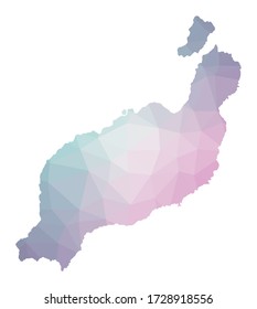 Polygonal map of Lanzarote. Geometric illustration of the island in emerald and amethyst colors. Lanzarote map in low poly style. Vector illustration.