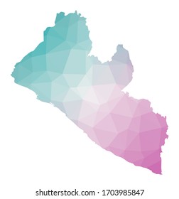 Polygonal map of Liberia. Geometric illustration of the country in emerald amethyst colors. Liberia map in low poly style. Technology, internet, network concept. Vector illustration.