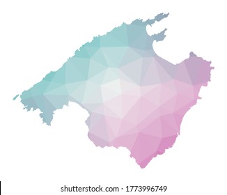 Polygonal map of Majorca. Geometric illustration of the island in emerald amethyst colors. Majorca map in low poly style. Technology, internet, network concept. Vector illustration.