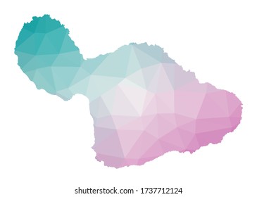 Mapa poligonal de Maui. Ilustración geométrica de la isla con colores de amatista esmeralda. Mapa de Maui de bajo estilo polaco. Tecnología, Internet, concepto de red. Ilustración vectorial.