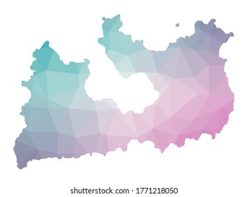 Polygonal map of Milos. Geometric illustration of the island in emerald amethyst colors. Milos map in low poly style. Technology, internet, network concept. Vector illustration.