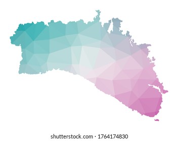 Mapa poligonal de Menorca. Ilustración geométrica de la isla con colores de amatista esmeralda. Mapa de Menorca de bajo estilo polaco. Tecnología, Internet, concepto de red. Ilustración vectorial.