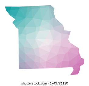 Polygonal map of Missouri. Geometric illustration of the US state in emerald and amethyst colors. Missouri map in low poly style. Technology, internet, network concept. Vector illustration.