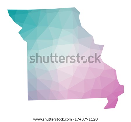 Polygonal map of Missouri. Geometric illustration of the US state in emerald and amethyst colors. Missouri map in low poly style. Technology, internet, network concept. Vector illustration.