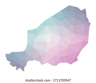 Polygonal map of Niger. Geometric illustration of the country in emerald amethyst colors. Niger map in low poly style. Technology, internet, network concept. Vector illustration.