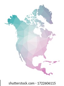 Polygonal Map Of North America. Geometric Illustration Of The Continent In Emerald Amethyst Colors. North America Map In Low Poly Style. Technology, Internet, Network Concept. Vector Illustration.