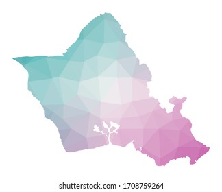 Polygonal map of Oahu. Geometric illustration of the island in emerald amethyst colors. Oahu map in low poly style. Technology, internet, network concept. Vector illustration.