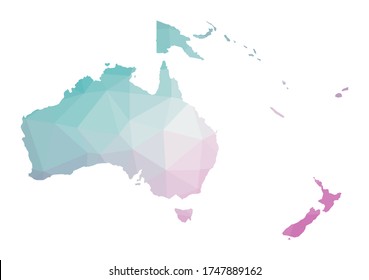 Polygonal map of Oceania. Geometric illustration of the continent in emerald amethyst colors. Oceania map in low poly style. Technology, internet, network concept. Vector illustration.