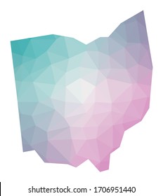 Polygonal map of Ohio. Geometric illustration of the us state in emerald amethyst colors. Ohio map in low poly style. Technology, internet, network concept. Vector illustration.