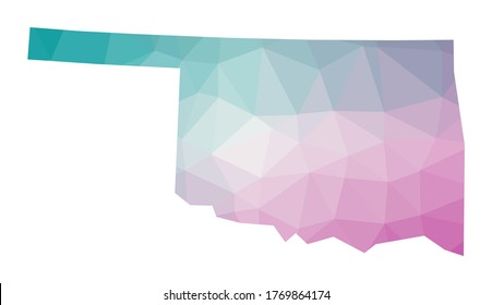 Polygonal map of Oklahoma. Geometric illustration of the US state in emerald and amethyst colors. Oklahoma map in low poly style. Technology, internet, network concept. Vector illustration.